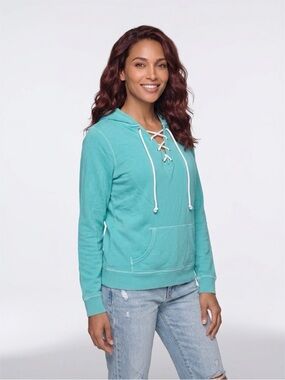 American Eagle Outfitters Lace-Up Hoodie in Turquoise with White Drawcords
